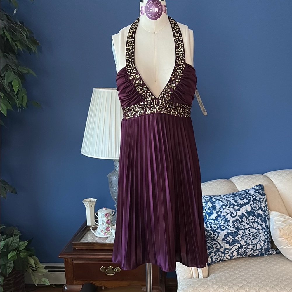 Morgan & Co. Purple Sequin Halter Babydoll Dress